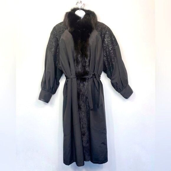 Vintage Harry Yagoda Weatherproof Black Trench Coat Fur Trim & Lining Size Large - Picture 2 of 15